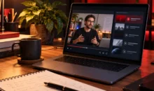 Ordenador portátil con una clase online y cuaderno de estudio
