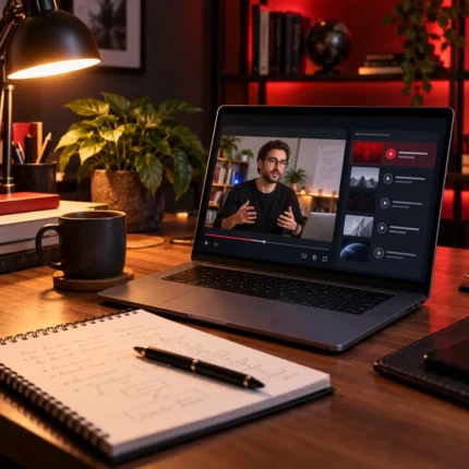 Ordenador portátil con una clase online y cuaderno de estudio