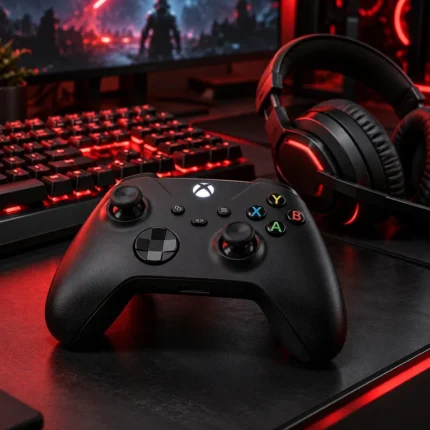 Mando de videojuegos con teclado y auriculares en un escritorio con iluminación roja