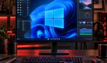 Monitor con Windows y aplicaciones de software en un escritorio moderno