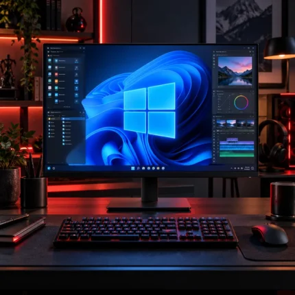 Monitor con Windows y aplicaciones de software en un escritorio moderno