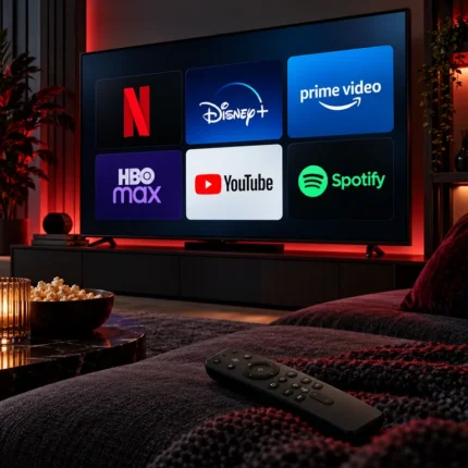 Televisor con plataformas de streaming y mando a distancia en una sala moderna