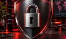Escudo metálico con candado e iluminación roja para VPN y seguridad digital