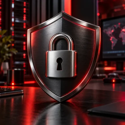 Escudo metálico con candado e iluminación roja para VPN y seguridad digital